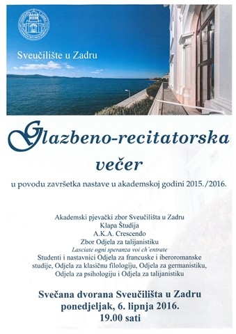 Pozivamo Vas na Glazbeno-recitatorsku večer studenata Sveučilišta u Zadru